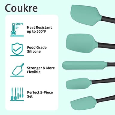 Coukre Silicone Spatula Set of 5,High Temperature Resistant, Food Grade Silicone, Dishwasher Safe, for Baking, Cooking (Aqua Green) - Image 4