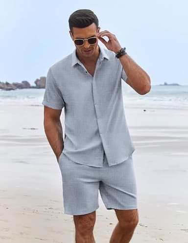 COOFANDY Men's Summer Beach Outfits 2 Piece Short Sleeve Shirts and Shorts Vacation Texture Linen Sets for Men,Blue,M - Image 2