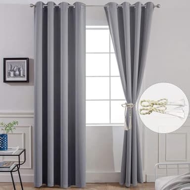 Yakamok Room Darkening Gray Blackout Curtains, Light Blocking Thermal Insulated Grommet Drapes for Bedroom Living Room, 52W x 84L, Grey Curtains, 2 Panels, 2 Tie Backs Included - Image 3