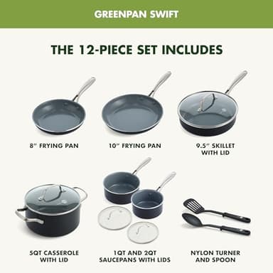 GreenPan 12 Piece Nonstick Swift Cookware Set, Ceramic PFAS-Free Pots & Pans with Lids, Dishwasher & Oven/Broiler Safe to 600F, Kitchen Cooking Set, Sauce, Saute, Stock, Frying Pans, Gray - Image 3