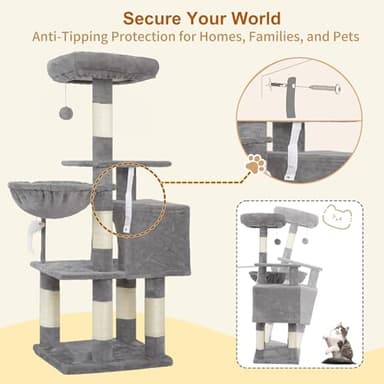 Heybly Cat Tree with Toy, Cat Tower Condo for Indoor Cats, Cat House with Padded Plush Perch, Cozy Hammock and Sisal Scratching Posts, Light Gray HCT004SW - Image 6