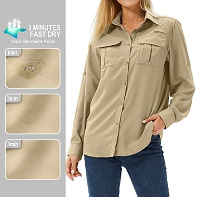 Toumett Women's UPF 50 Long Sleeve UV Sun Protection Safari Shirts Outdoor Quick Dry Fishing Hiking Travel Shirts(5071,Khaki,L) - Image 7