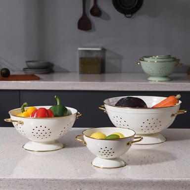 Metal Colander Set of 3, Strainer Basket with Handles perfect for Spaghetti, Pasta, Berry, Vegetable, Fruit, Solid Base Powder Coated Kitchen Essential Strainer Set, 1 & 3.5 & 5 Qt (Cream) - Image 6