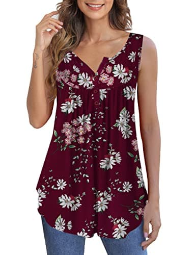 Othyroce Women Floral Tops Sleeveless V Neck Blouses Summer Fashion Burgundy 2X Shirts - Image 1