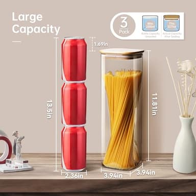 HomArtist Square Glass Jars with Bamboo Lids 79 FL OZ [Set of 3], Glass Canisters with Airtight Lid, Glass Food Storage Containers for Spaghetti, Fettuccine, Linguine,Pasta, Best for Kitchen & Pantry - Image 2