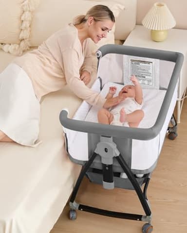 wayfong Baby Bassinet, Bassinet Bedside Sleeper with Wheels, Breathable Mesh Bedside Bassinet for Baby, Mosquito Net, Storage Basket, 6 Height Adjustable, Easy to Fold, Grey - Image 1