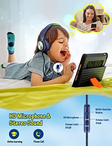 Kids Headphones with Cord , Wired Over Ear Headsets with Microphone Limited Volume 85dB/ 94dB, Portable Wired Headphones for Kids Boys Girls Teens Children Online School/Travel/iPad/Tablet/Cellphone - Image 2