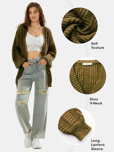 EXLURA Womens 2025 Oversized Cardigan Sweaters Fall Winter Lightweight Soft Knit Cardigan Open Front Button Outwear Coats Army Green - Image 3