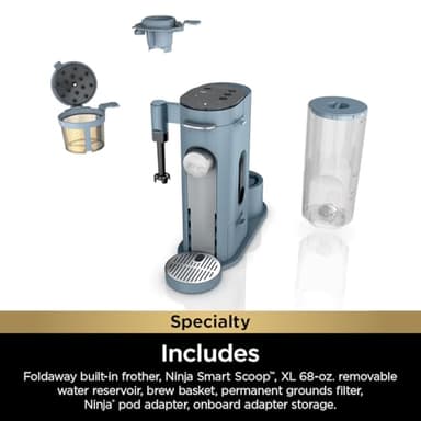 Ninja Pod & Grounds Specialty XL Single-Serve Coffee Maker, K-Cup Pod Compatible, Brews Grounds, Compact Design, Built-In Milk Frother, 68-oz. Reservoir, 6oz. Cup-24oz. Mug Sizes, Denim Blue, PB055ABL - Image 7