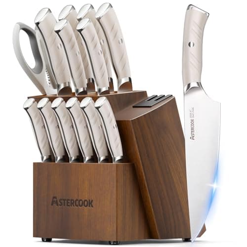Astercook Knife Set Kitchen with Block and Dual Sharpener Full Tang 15 Pcs German Stainless Steel Knives Dishwasher Safe Kitchen Utensils Set with Anti-slip Ergonomic Handle, Elegant White - Image 1
