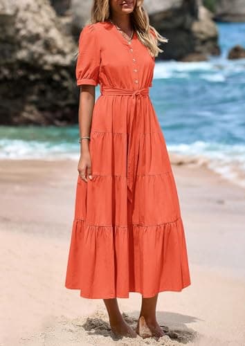 PRETTYGARDEN Summer Dresses for Women 2025 Elegant Classy Short Sleeve V Neck Ruffle A Line Belted Long Beach Vacation Dress (Orange,Large) - Image 7