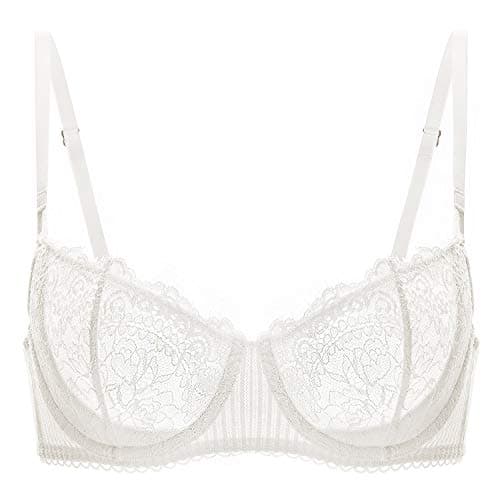 DOBREVA Women's Sexy Lace Push Up Plus Size Bra Sheer Balconette Underwire Unlined Ivory_Eyelash lace 34A - Image 1