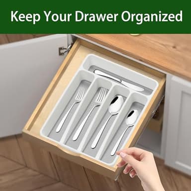Loyareal Silverware Organizer Utenisl Organizer Holder Kitchen Drawer Organizer Plastic Silverware Tray for Drawer Flatware Organizer 5 Compartment White - Image 2