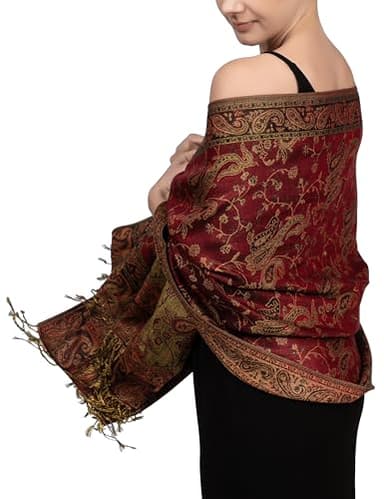 Achillea Soft Silky Reversible Paisley Pashmina Shawl Wrap Scarf w/Fringes (Burgundy) - Image 1