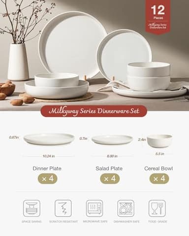Famiware Milkyway Plates and Bowls Sets, 12 Pieces Dinnerware Sets, Reactive Glaze Dish Set, Stoneware Dishes Set for 4, Matte White - Image 3