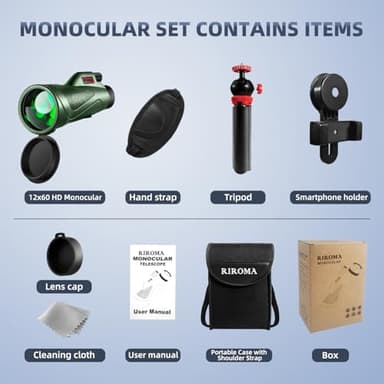 Monocular Telescope 12X60 HD Monocular with Smartphone Adapter Tripod & Portable Bag, Monoculars for Adults High Power with BAK4 Prism & FMC Lens, Suitable for Bird Watching Hunting Hiking Camping - Image 3