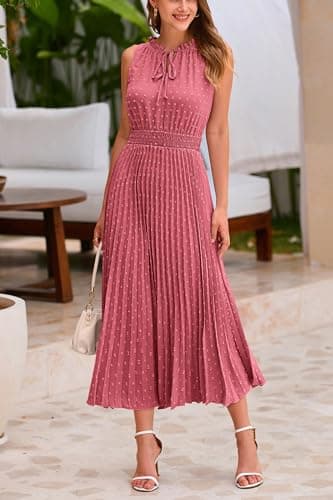 PRETTYGARDEN Women's Midi Summer Dresses Casual V Neck Swiss Dot Ruffle Sleeveless A Line Beach Sun Dress (Bean Paste Red,X-Large) - Image 7