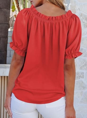 EVALESS Blouses for Women Summer Outfits Women's Clothing Trendy 2025 Basic Short Sleeve Tshirts Round Neck Red Blouses Spring Clothes Peplum Off The Shoulder Casual Tops for Women Work, X-Large - Image 4