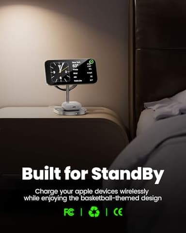 3-Point Power 3 in 1 Charging Station for Apple, KU XIU X85 Aluminum Alloy Magnetic Wireless Charger Stand with Mini Basketball & Hoop for iPhone 16/15/14/13/12, 5W for Apple Watch, AirPods, Gray - Image 6