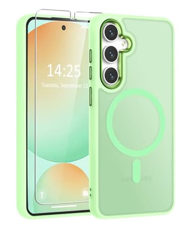 WRJ for Samsung Galaxy S25 Plus Case,Galaxy S24 Plus Case with Screen Protector,[Compatible with Magsafe] Slim Matte Translucent Magnetic Women Men Shockproof Protective Cover-Matcha Green - Image 1