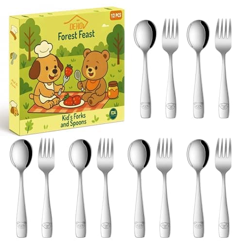 DEHOV Toddler Eating Utensils Set,Set Of 12 Food Grade Stainless Steel Silverware Sets For Kids,Dishwasher Safe Children Small Metal Spoons And Forks Flatware Sets - Image 1