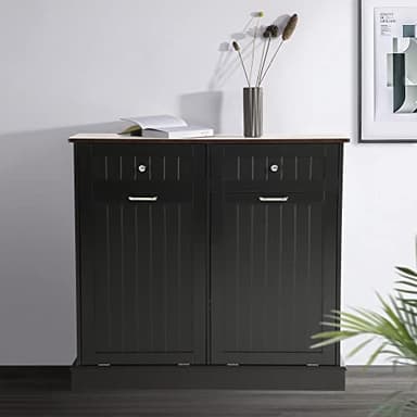 LOUVIXA Tilt Out Trash Can Cabinet Dog Proof with Double Wood Hidden Trash Can Holder, Kitchen Free Standing Recycling Cabinet（Black） - Image 8