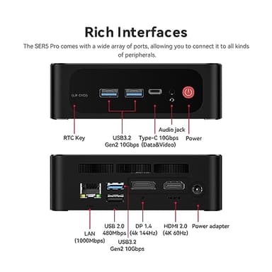 Beelink SER5 Pro Mini PC, AMD Ryzen 7 5825U(8C/16T, up to 4.5GHz), 32GB DDR4 RAM 500GB PCle3.0 SSD, SER5 Mini Computer Support 4K@60Hz Triple Display, WiFi6, BT5.2, DP+HDMI, Type-C - Image 6