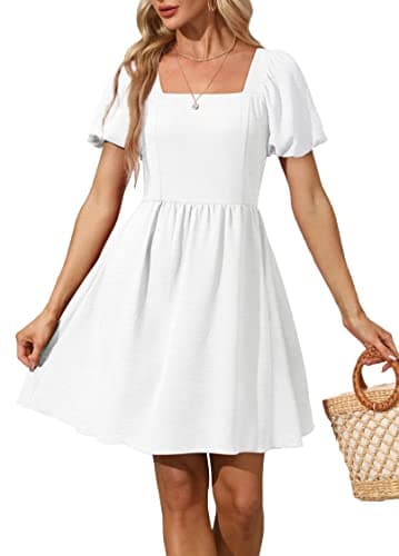OFEEFAN White Dresses for Women Short Sleeve Mini Dress Summer Chiffon Cocktail Dress Square Neck S - Image 1
