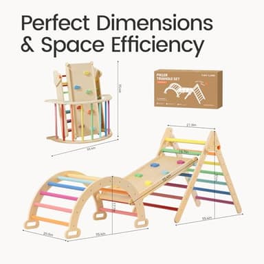 Tiny Land Pikler Triangle Set, 7-in-1 Foldable Pikler Triangle Climbing Toys Set for Kids,Baby Indoor Playground Jungle Gym, Wooden Montessori Climbing Set for Toddler (Rainbow) - Image 2