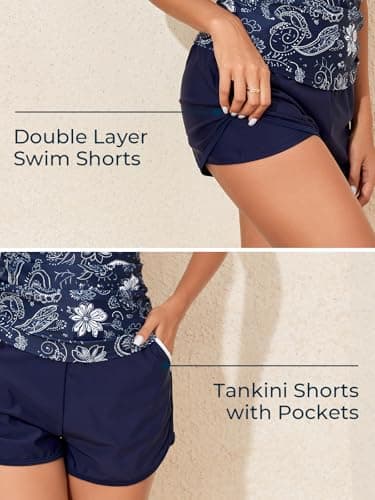 Summer Mae Color Block Tankini Swimsuits for Women 2025 with Side Pockets Sporty Swim Shorts Two Piece Bathing Suits Deep Sea Floral Dance Size 12 - Image 3