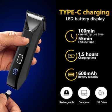 Manscaper Trimmer for Men, 2-in-1 Ball & Body Hair Groomer - Pubic & Groin Hair Shaver with Dual-Head, No-Nick Shaving, Smooth Grooming - Lightweight, Travel Lock, IPX7 Waterproof & LED Display - Image 5