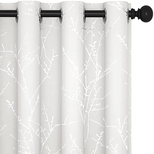 Deconovo Bedroom Curtains, Room Darkening Drapes, Thermal Insulated Soundproof Panel, Silver Tree Print, 52 x 84 Inch, Machine Washable Window Panels for Living Room Officee, Set of 2, Pure White - Image 1