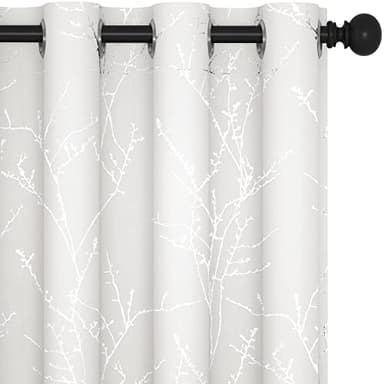 Deconovo Bedroom Curtains, Room Darkening Drapes, Thermal Insulated Soundproof Panel, Silver Tree Print, 52 x 84 Inch, Machine Washable Window Panels for Living Room Officee, Set of 2, Pure White - Image 1
