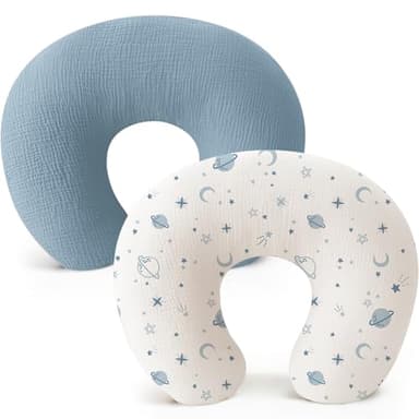 Konssy 2-Pack Muslin Nursing Pillow Covers, Soft & Adorable Nursing Covers for Breastfeeding Pillows, Slipcovers for Newborn Boys & Girls(Blue, Star) - Image 1