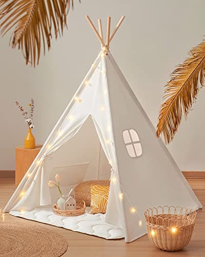 Tiny Land Teepee Tent for Kids – 100% Cotton Play Tent with Padded Mat & Star Lights, Foldable with Carry Bag, Indoor Play Tent for Girls & Boys - Image 1