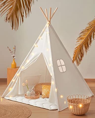 Tiny Land Teepee Tent for Kids – 100% Cotton Play Tent with Padded Mat & Star Lights, Foldable with Carry Bag, Indoor Play Tent for Girls & Boys - Image 1
