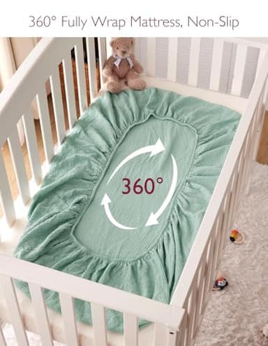 Momcozy Muslin Standard Fitted Crib Sheets, 52"x28", 2 Pack Soft Breathable Natural Cotton Baby Mattress Sheet, 360° Mattress Wrapping No Slip Boys Girls Neutral Toddler Bed Sheet, Crisp Green Grey - Image 6