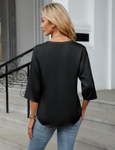 Blooming Jelly Womens Button Down Shirts Pleated Business Casual Tops 3/4 Sleeve Dressy Blouses 2025 (Large, Black) - Image 3