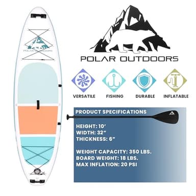Polar Outdoors by Roc Inflatable Stand Up Paddle Board with Premium SUP Paddle Board Accessories, Wide Stable Design, Non-Slip Comfort Deck for Youth & Adults (Mist W Kayak Seat) - Image 3