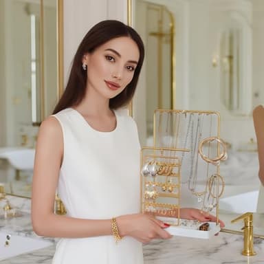 Lolalet Jewelry Stand Organizer, Room Dorm Decor Display Storage with Rotating Earring Holder Hanger and Removable Ring Tray for Necklace Bracelet Bangles Watches Studs -Gold - Image 6