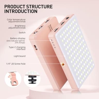 Meixitoy 120 LED Phone Light, 5000Mah Rechargeable Selfie Light for iPhone/iPad/Phone/Camera, Clip Video Light for Video Recording, Vlog(Pink) - Image 6
