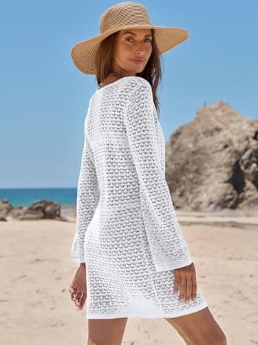 ANRABESS Beach Cover Ups for Women Crochet Swimsuit Bathing Suit Swimwear Bikini Mesh Knit Dress 2025 Summer Vacation Outfits White Small - Image 6