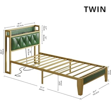 ANCTOR Twin Bed Frames, Storage Headboard with Outlets, Easy to Install, Sturdy and Stable, No Noise, No Box Springs Needed, Emerald - Image 2