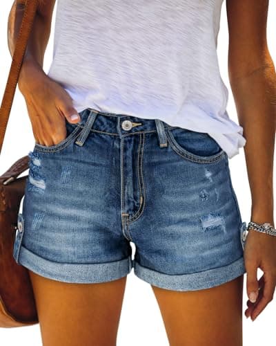 Angerella Navy Blue Jean Shorts for Women Summer Mid Waist Ripped Floded Hem Distressed Stretchy Denim Shorts M - Image 1
