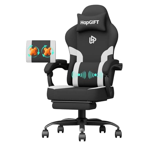 HapGIFT Gaming Chair, Computer Chair with Massage Lumbar Support, Ergonomic Gaming Chair with Footrest, High Back Adjustable Technical Fabric with Headrest, Gamer Chair for Adults (Black-White) - Image 1