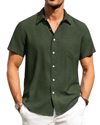 Alimens & Gentle Mens Linen Shirts Short Sleeve Button Down Shirts Wrinkle Free Casual Vacation Beach Summer Tops,Olive Green,L - Image 1