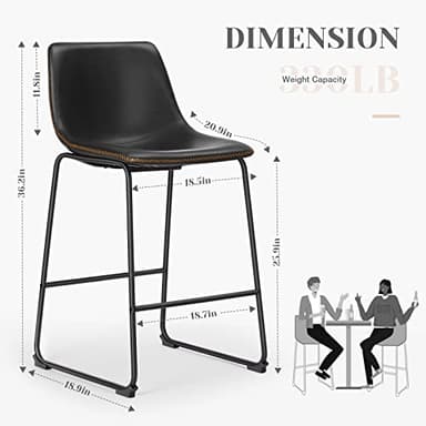 Bar Stools Set of 2, Counter Height Bar Stools with Back, 26 inch Armless Industrial Faux Leather Barstools with Metal Legs and Footrest, Modern Dining Chairs for Home Kitchen Island, Black - Image 3