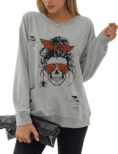 Blooming Jelly Women's Halloween Sweatshirts Skull Graphic T Shirts Long Sleeve Pullover Gothic Fall Trendy Outfits 2024 (Large, Gray-Spider) - Image 1