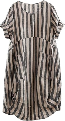 Minibee Women's Ruffle Oversize Casual Midi Dresses with Pockets Style 2 Black Stripe XL - Image 1