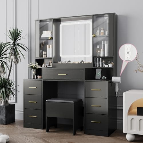 BORNOON Makeup Vanity with LED Light Strip Mirror and Chair, 7 Drawers & 2 RGB Cabinets Black Vanity Makeup Desk with Power Strip, Adjustable LED Lighting, and Cushioned Stool for Women, Girls, Teens - Image 1